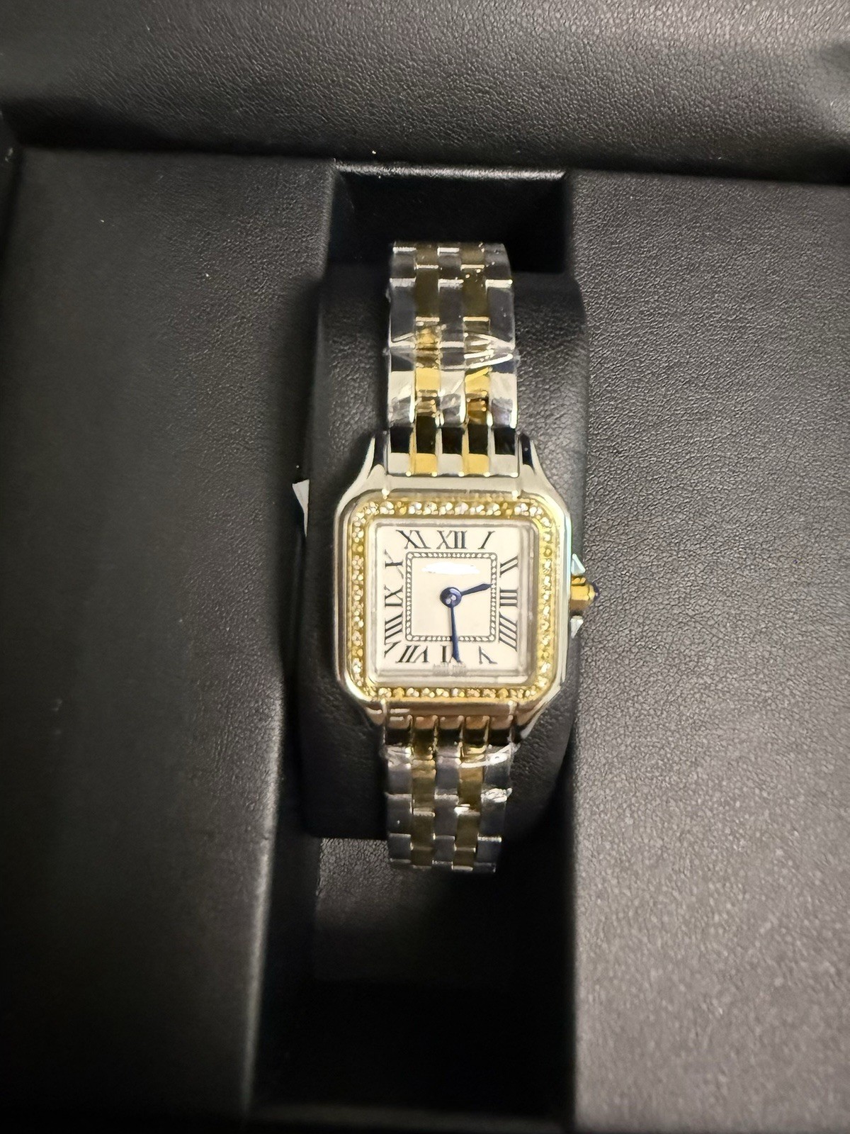 Two-Tone Gold & Silver Square Analog Dress Watch White Roman Dial Diamond Accent