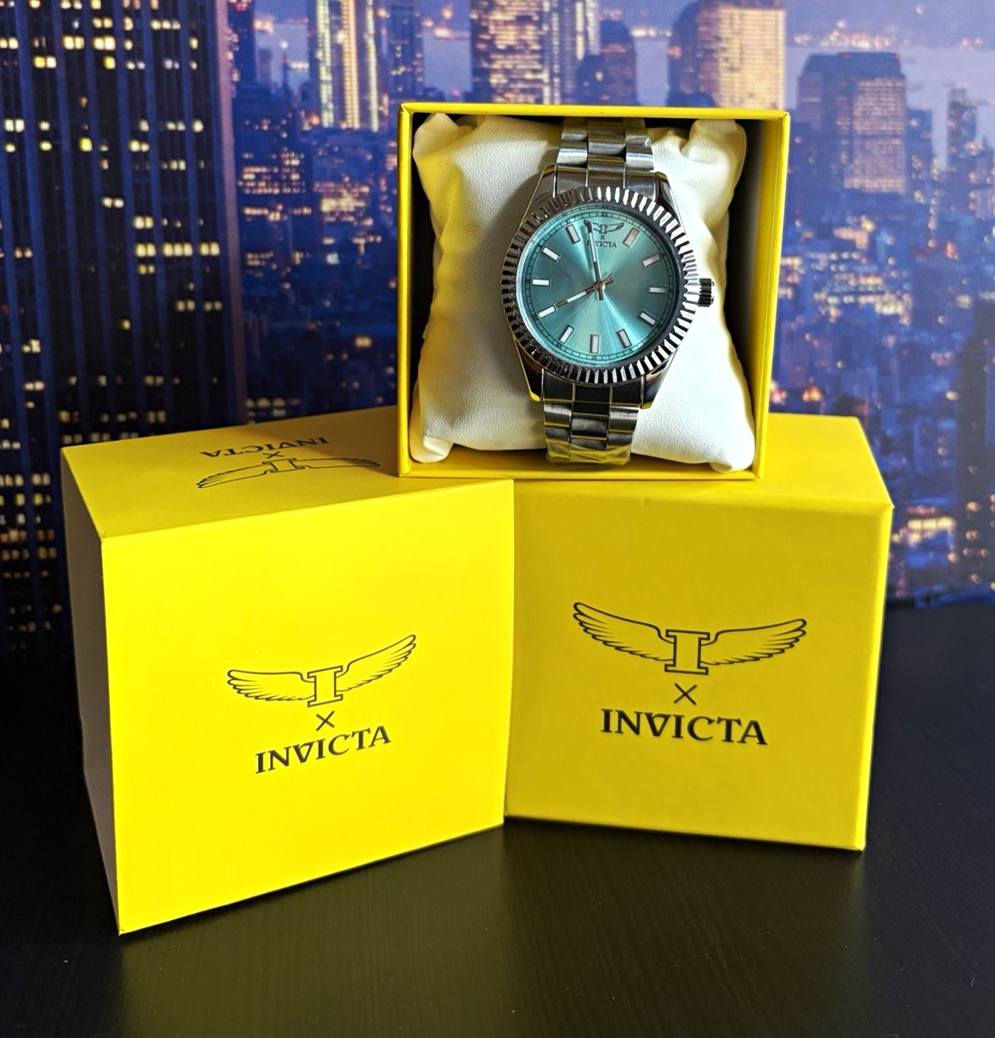 Invicta Tiffany Blue Fluted Bezel Steel Bracelet Watch w/Box