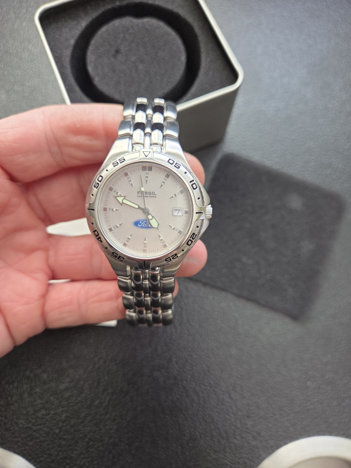 Fossil Ford Quartz Silver Dial Stainless Bracelet Watch 100m Date Box Manual