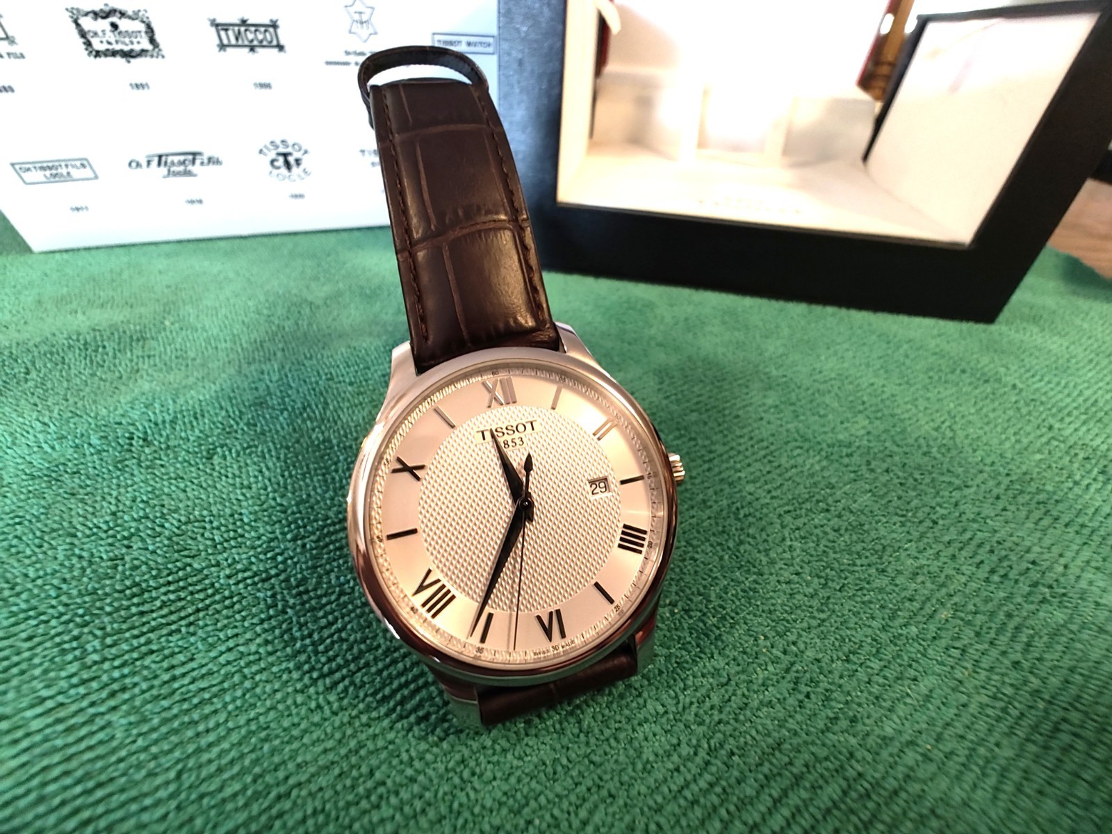 Tissot Tradition T063610A Leather Men’s Swiss Watch, Diamond Pattern Dial, w/Box