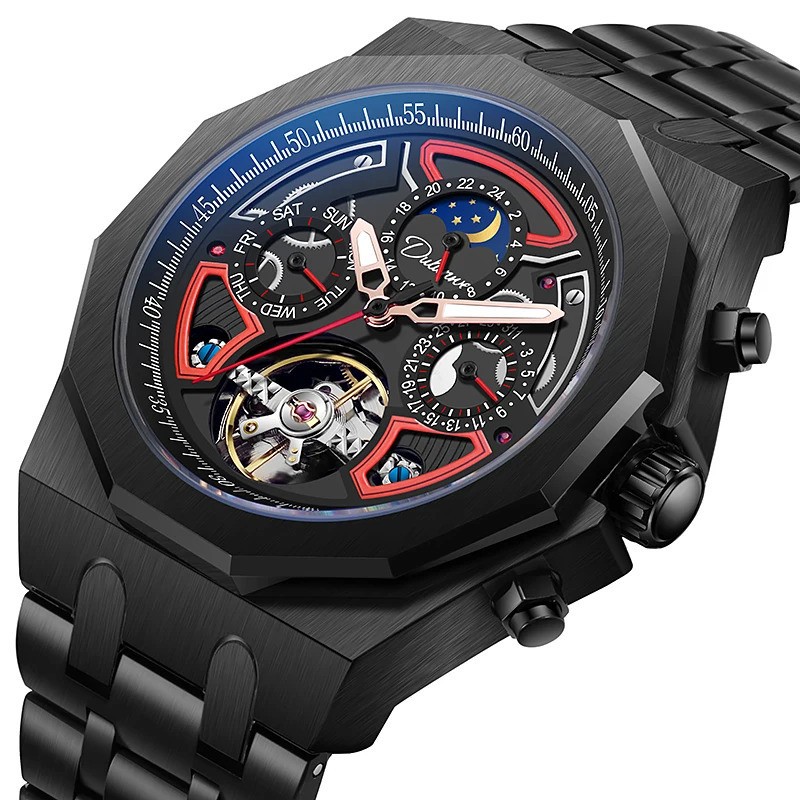 Men’s Tourbillon Mechanical Skeleton Watch Moon Phase Date Waterproof Automatic