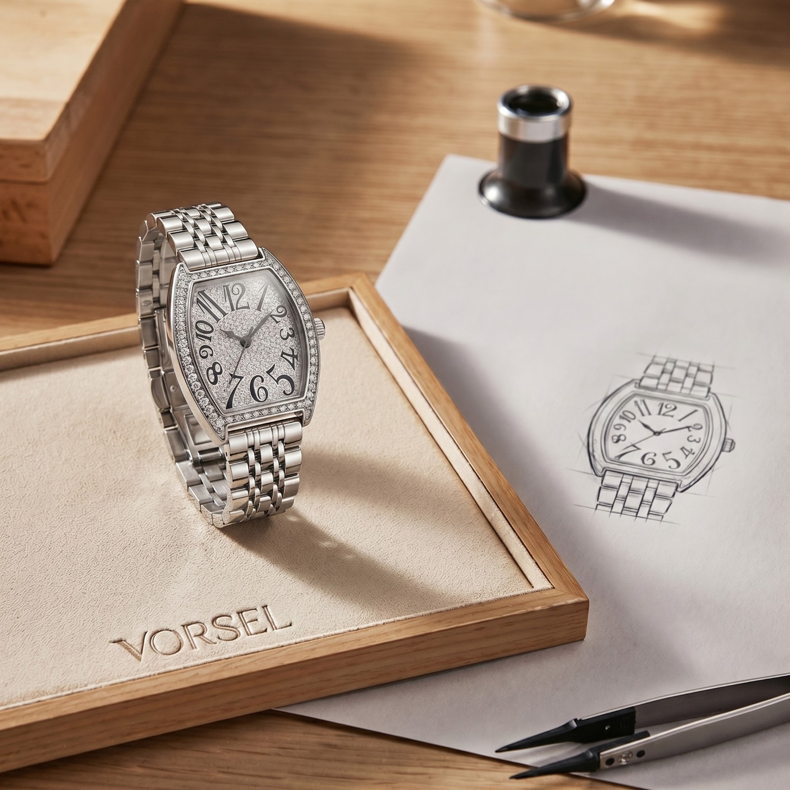 VORSEL Women’s Crystal Tonneau Watch Roman Numeral Stainless Steel Band