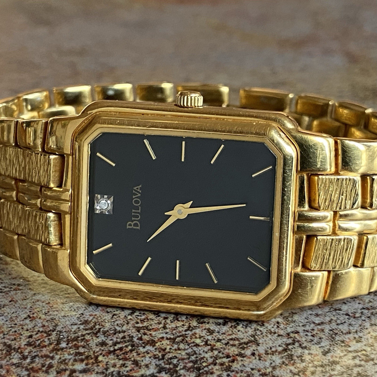 Bulova Tank Watch 27mm Vintage 97D95 Diamond Accent Black Dial Gold Tone 6.25”