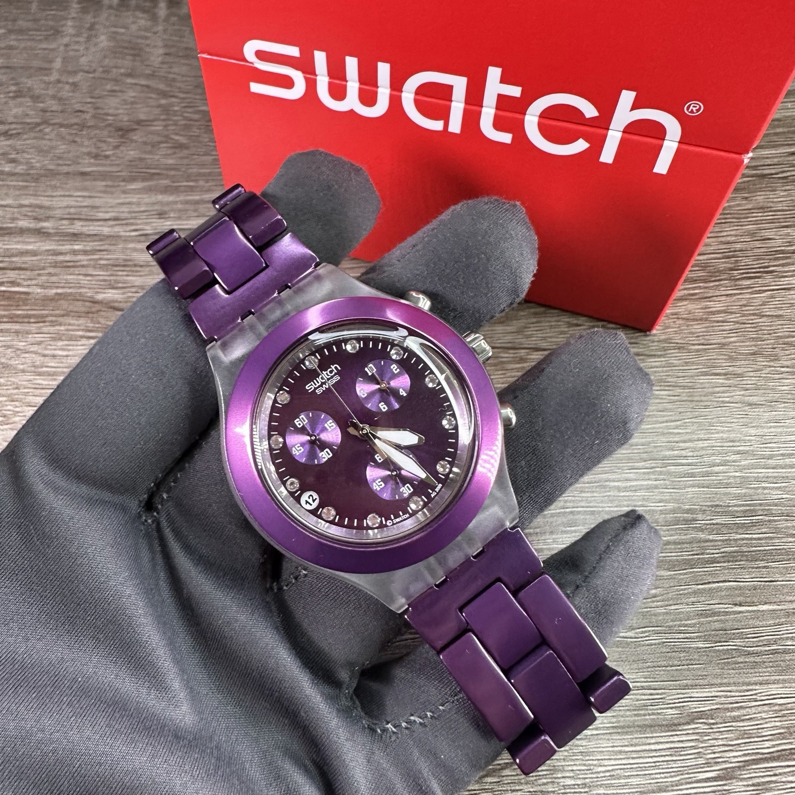 NEW✅ SWATCH IRONY FULL BLOODED PURPLE CHRONO ALUMINUM 43MM WATCH SVCK4048