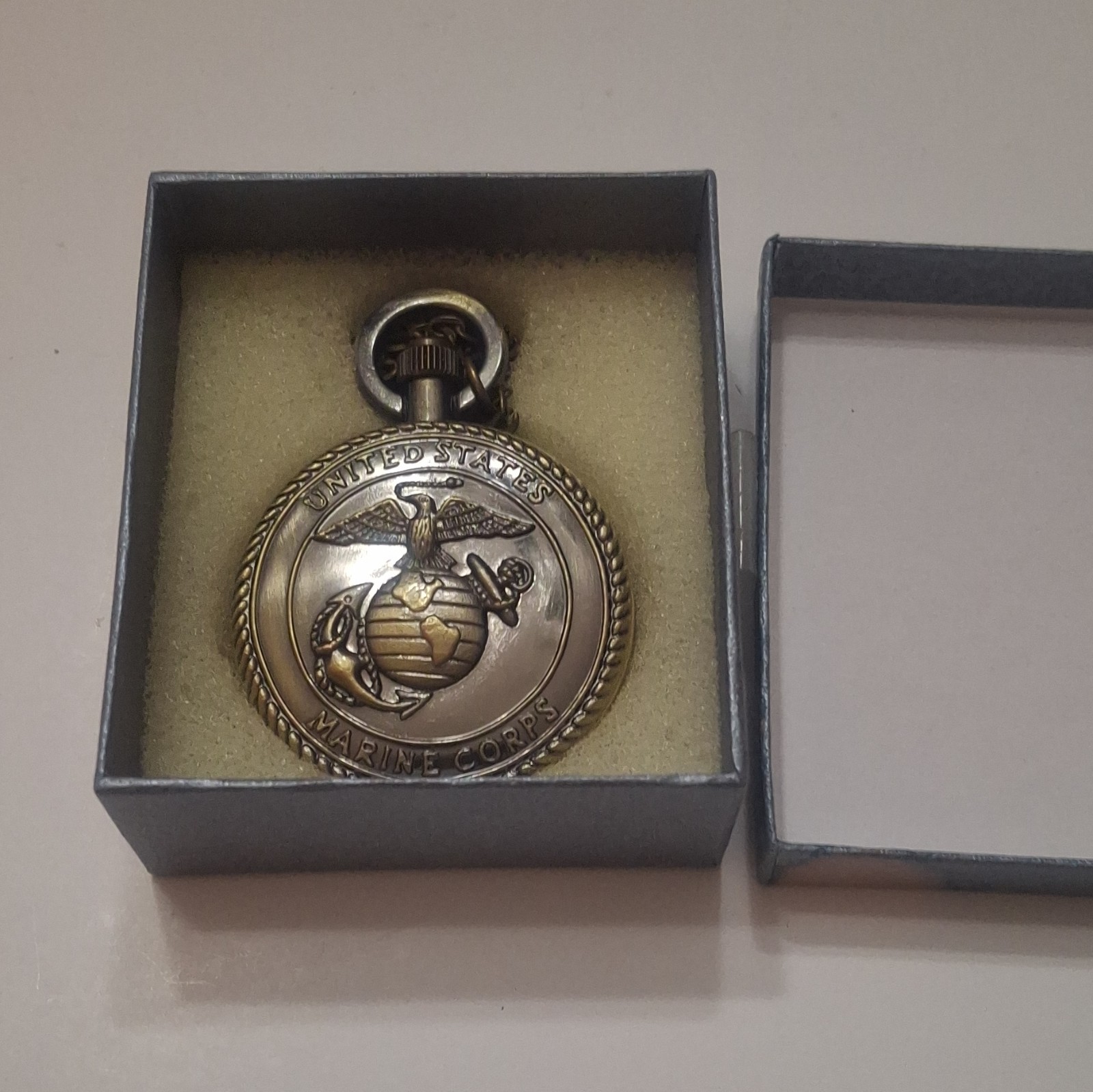 Strada Quartz Full Hunter Pocket Watch US Marine Corps Design w/ Chain & Box