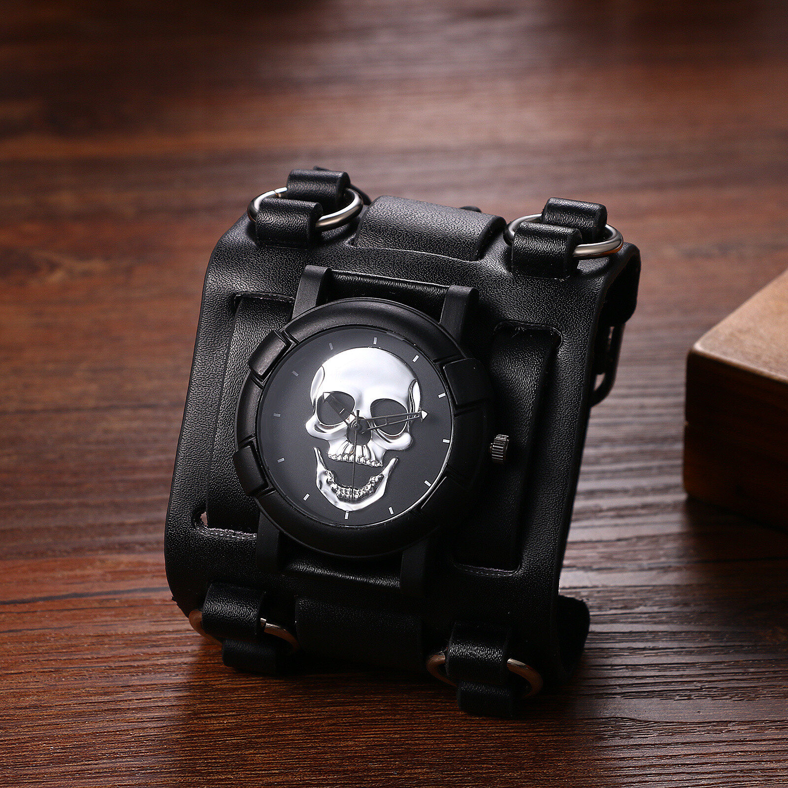 Mens Retro Punk Super Wide Genuine Leather Band Sport Wrist Watch Halloween Gift