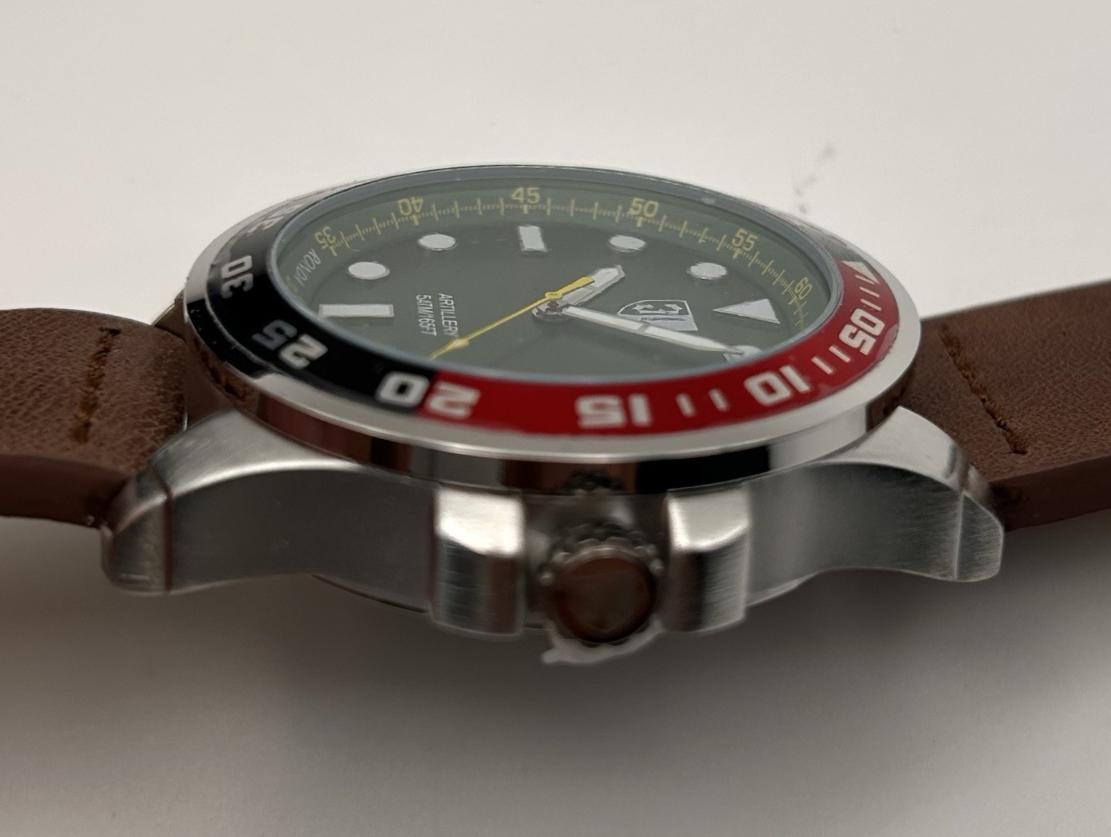 Three Leagues Men’s Artillery Green Dial Black & Red Bezel Quartz 43mm Watch