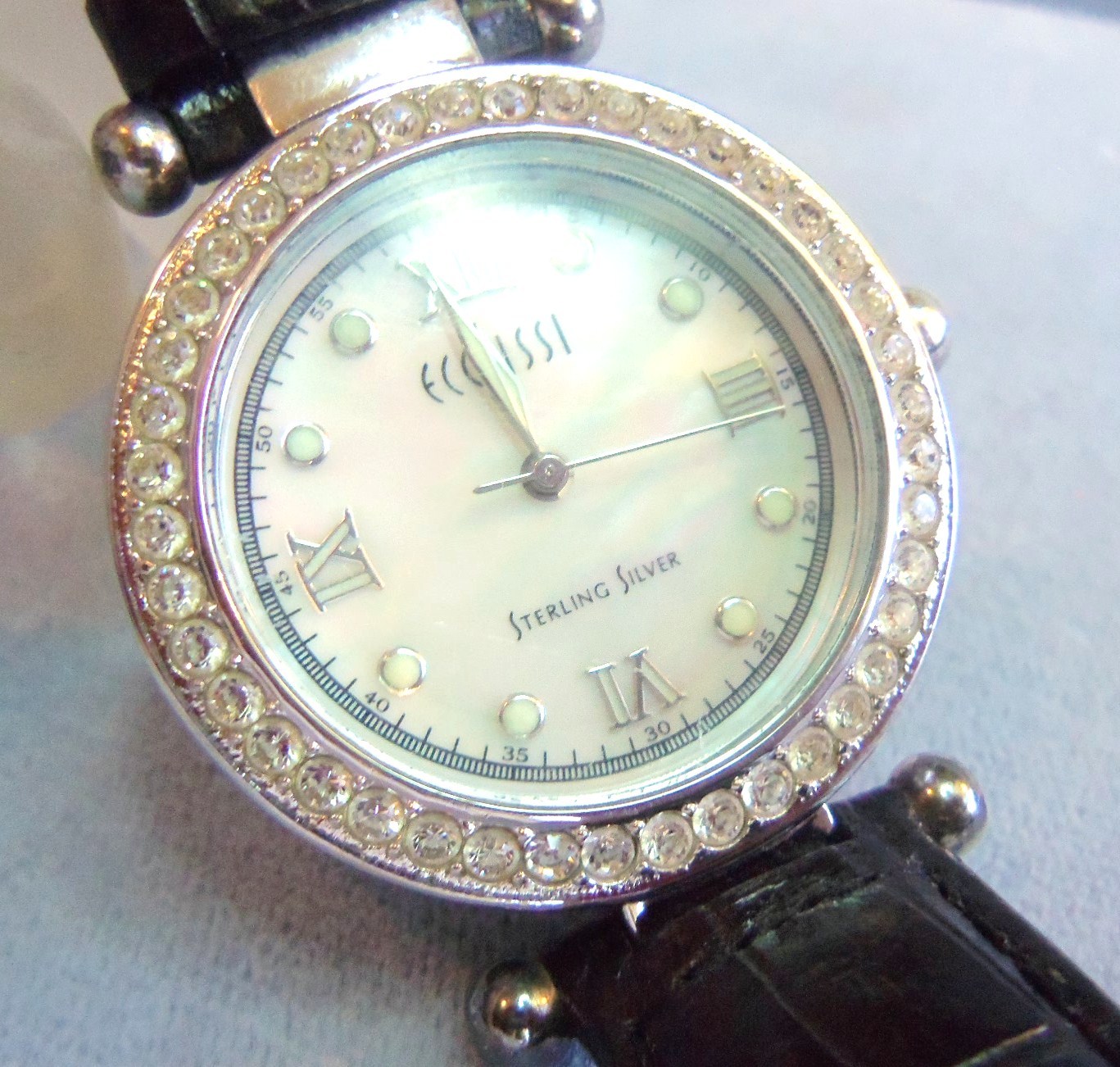 ECCLISSI STERLING SILVER BLACK LEATHER BAND # 22340 NICE new battery