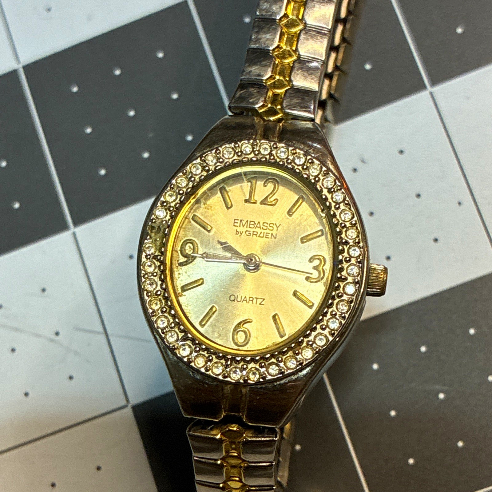 Vintage Embassy by Gruen Women Quartz Watch Two Tone Rhinestone Bezel GEM2511L
