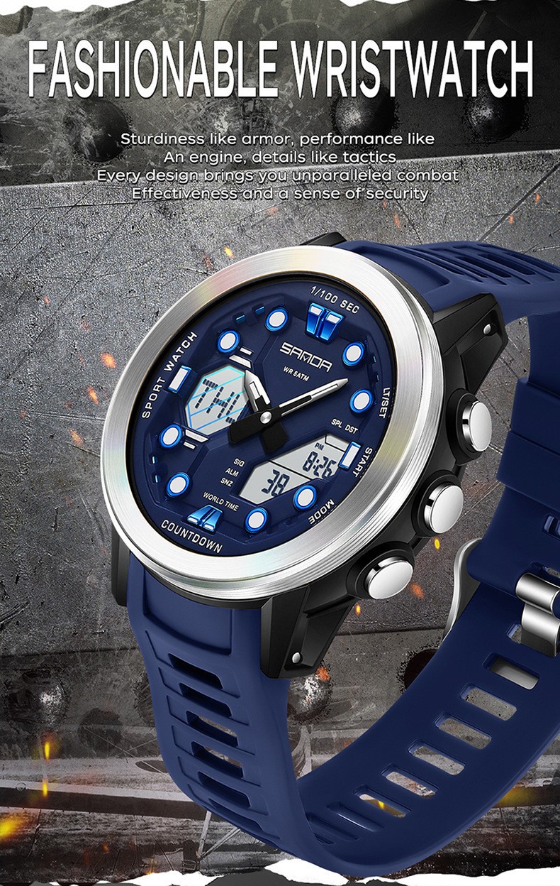 Dual display dial multifunctional sports style high waterproof quartz watch