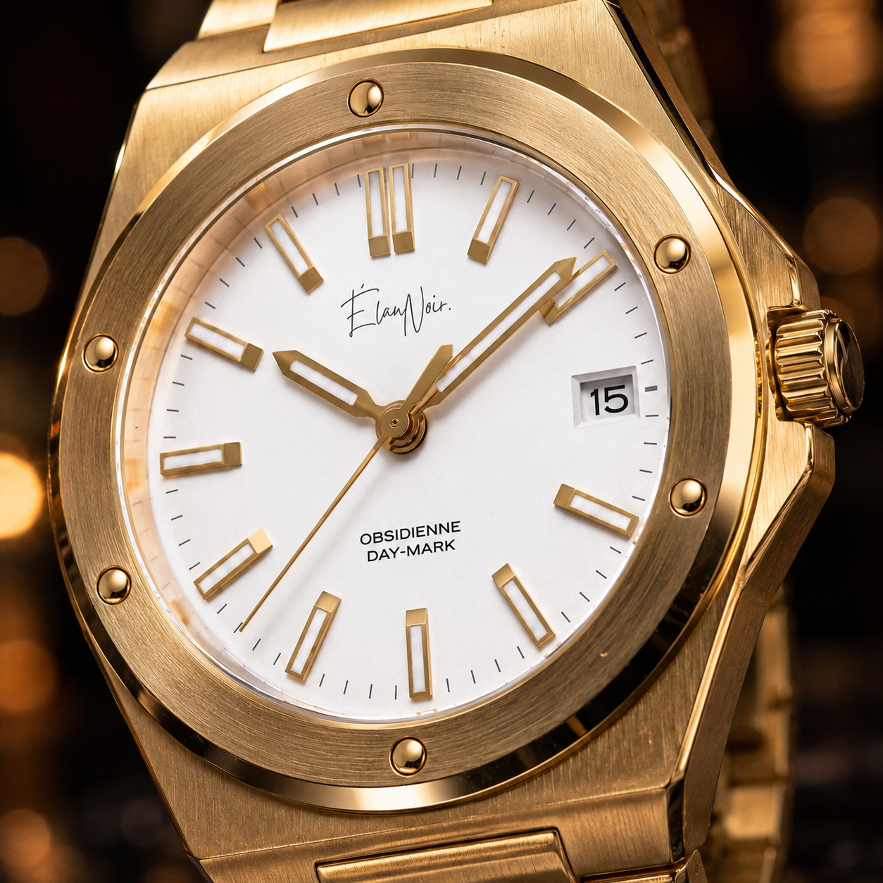 Custom Élan Noir Day-Mark Auto NH35 Watch Gold White Dial Sapphire Steel 41mm