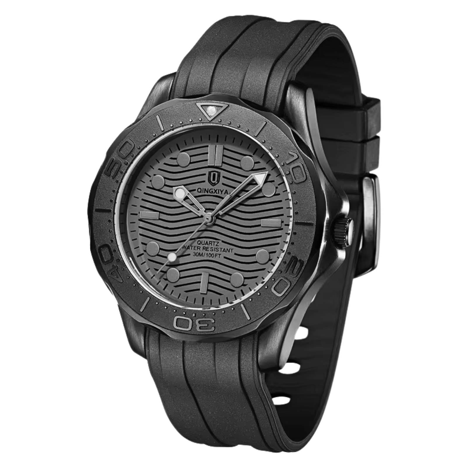 QINGXIYA 7702 All-Black 42mm Quartz Black Dial Dive Watch – New UK