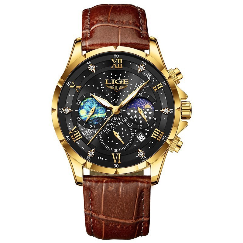 LIGE Luxury Quartz Men’s Watch Leather Strap Date Waterproof Luminous Wristwatch
