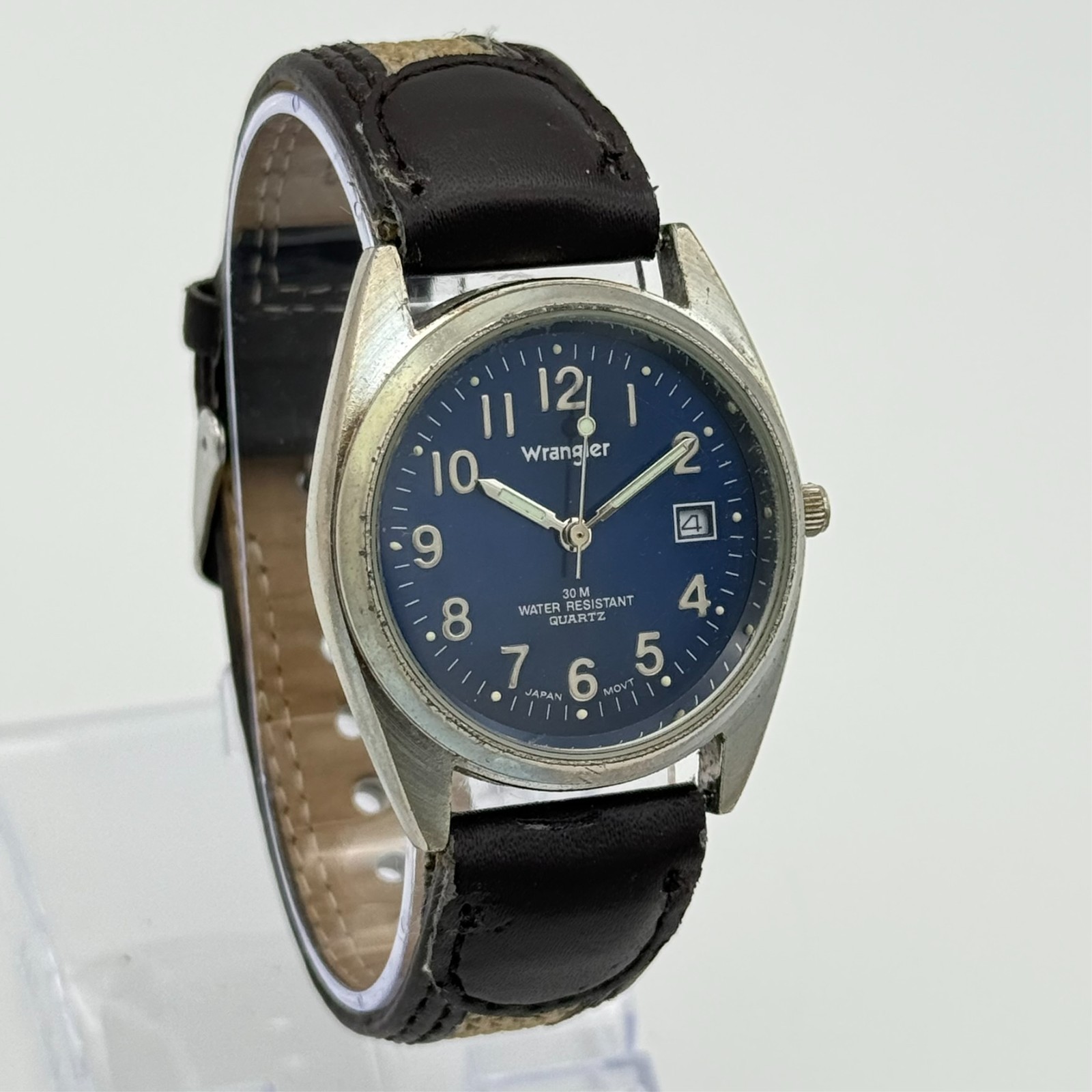 Men’s WRANGLER Hero Classic Silver Tone Watch, Blue Dial, 36mm, Brown Band, Runs