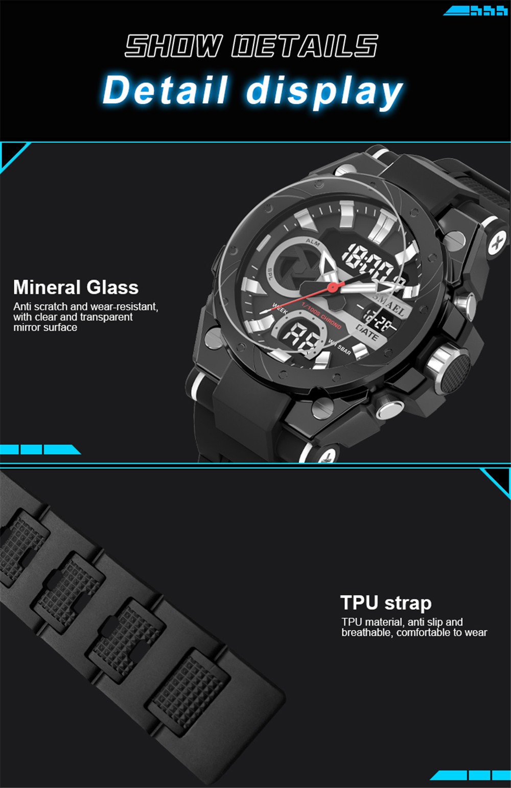 SMAEL Men Digital Sport Watch Large Dial LED Alarm Wristwatch Boy Military Watct