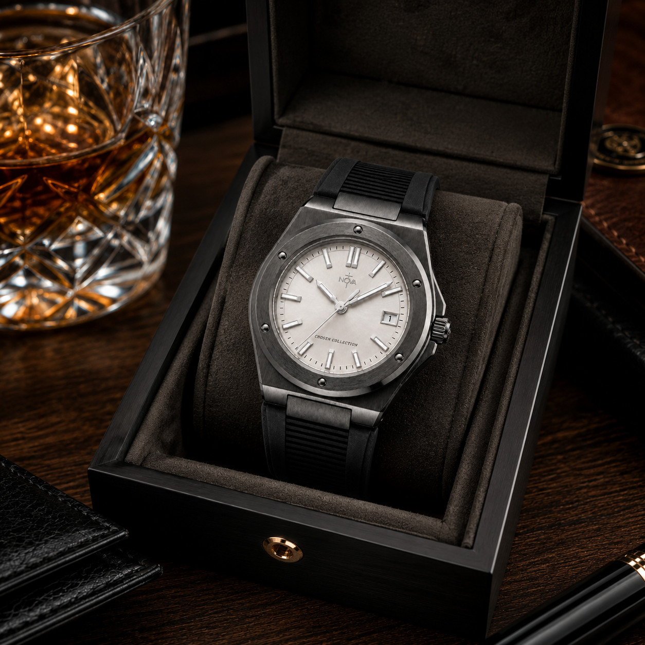 Nova Christian Chosen Custom Watch Ivory Dial Dark Case Black Strap Date
