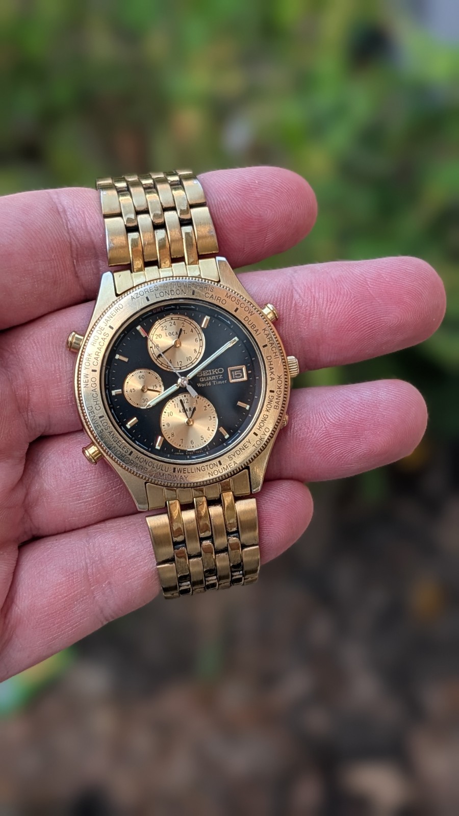 Seiko 5T52-7A29 Vintage Gold Panda Watch World Timer GMT Alarm