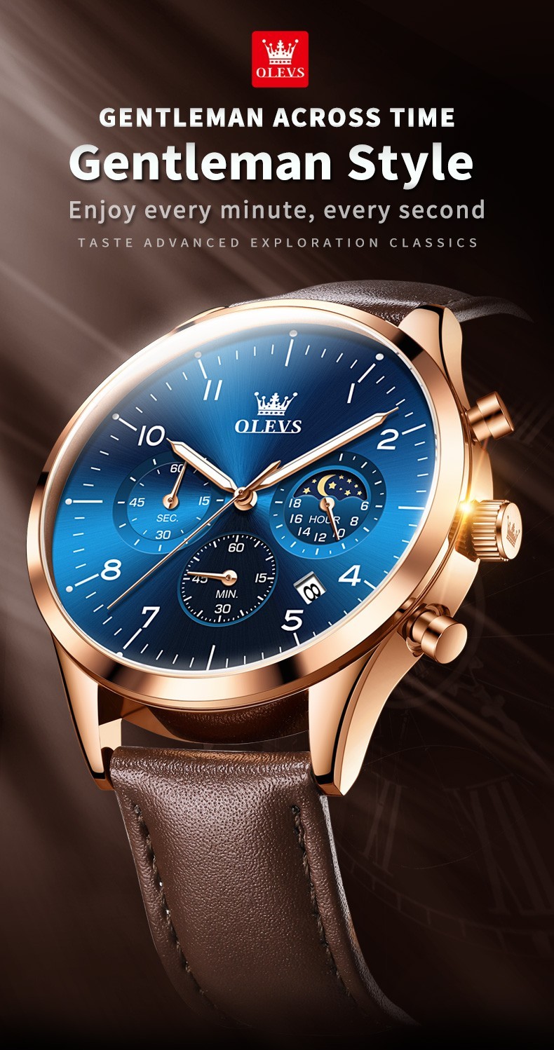 OLEVS 2882 Luminous Multifunctional Male Genuine Leather Classic Quartz Watch