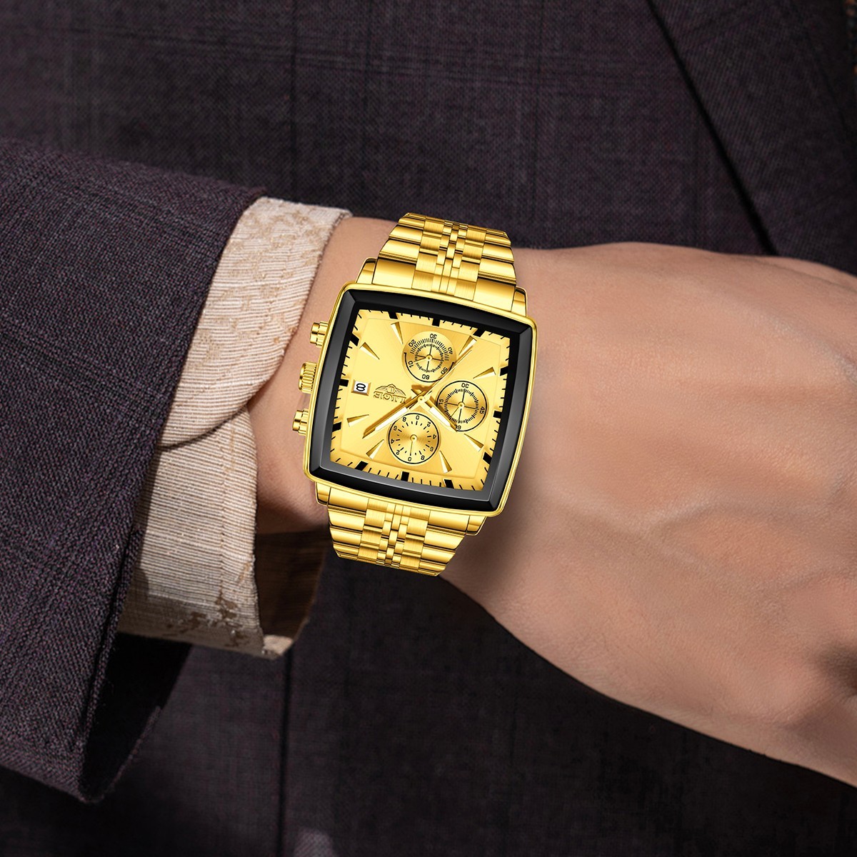 Mens Watch Quartz Multifunction Luminous Chronograph Male Steel Wristwatch Gold