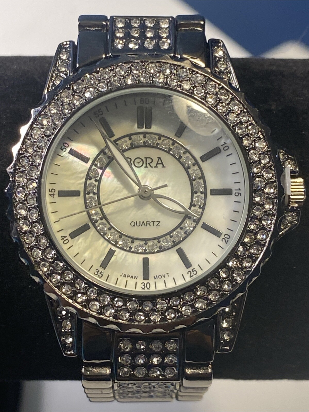 Bora Watch Women 37mm Crystal Bling Gun Metal Color New Battey Band Bling