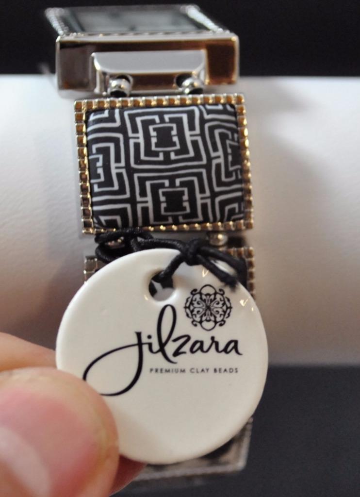 Jilzarah Black White Square Watch Polymer Clay Inlays Stretch Band Artisan