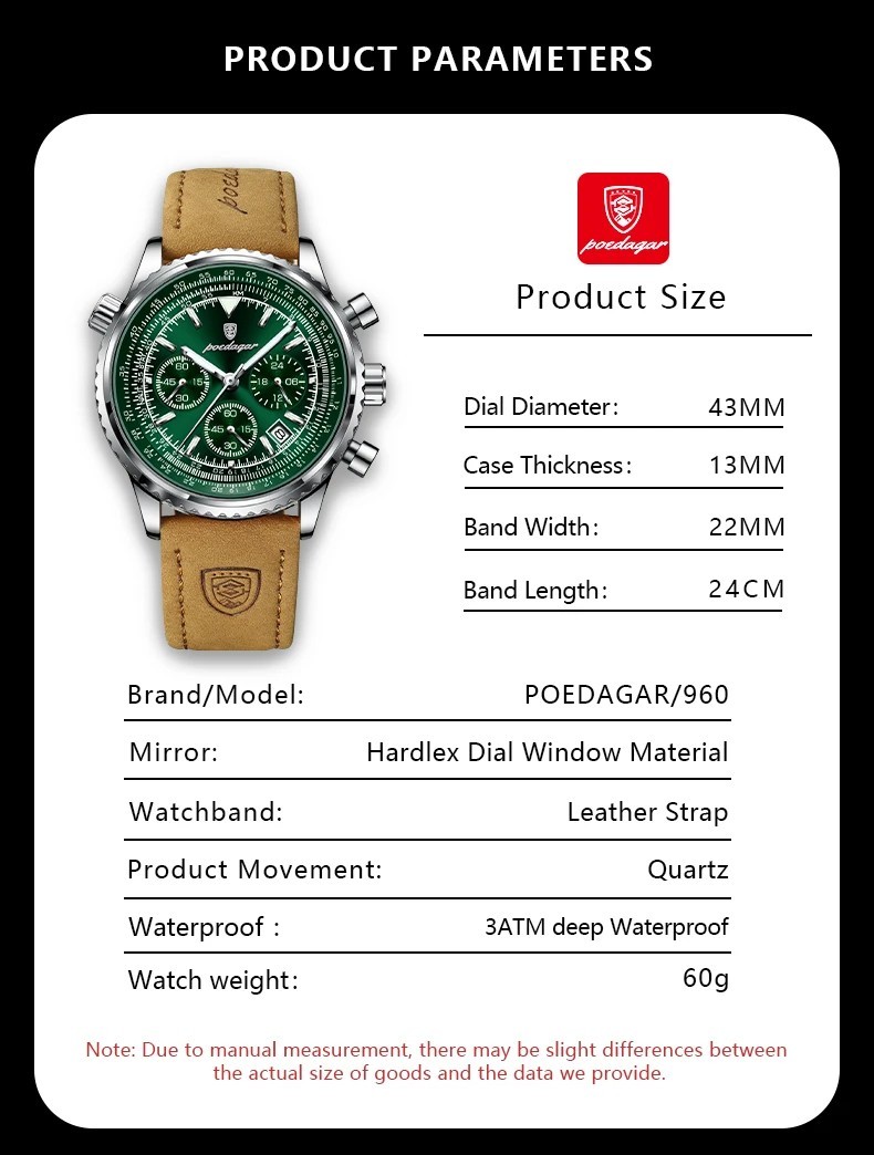 POEDAGAR Luxury Men Quartz Watch Waterproof Chronograph Leather Best Gift