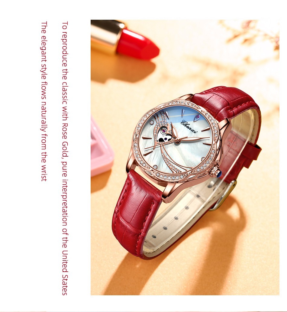 CHENXI Women Leather Hollow Out Luminous Waterproof Automatic Mechanical Watch