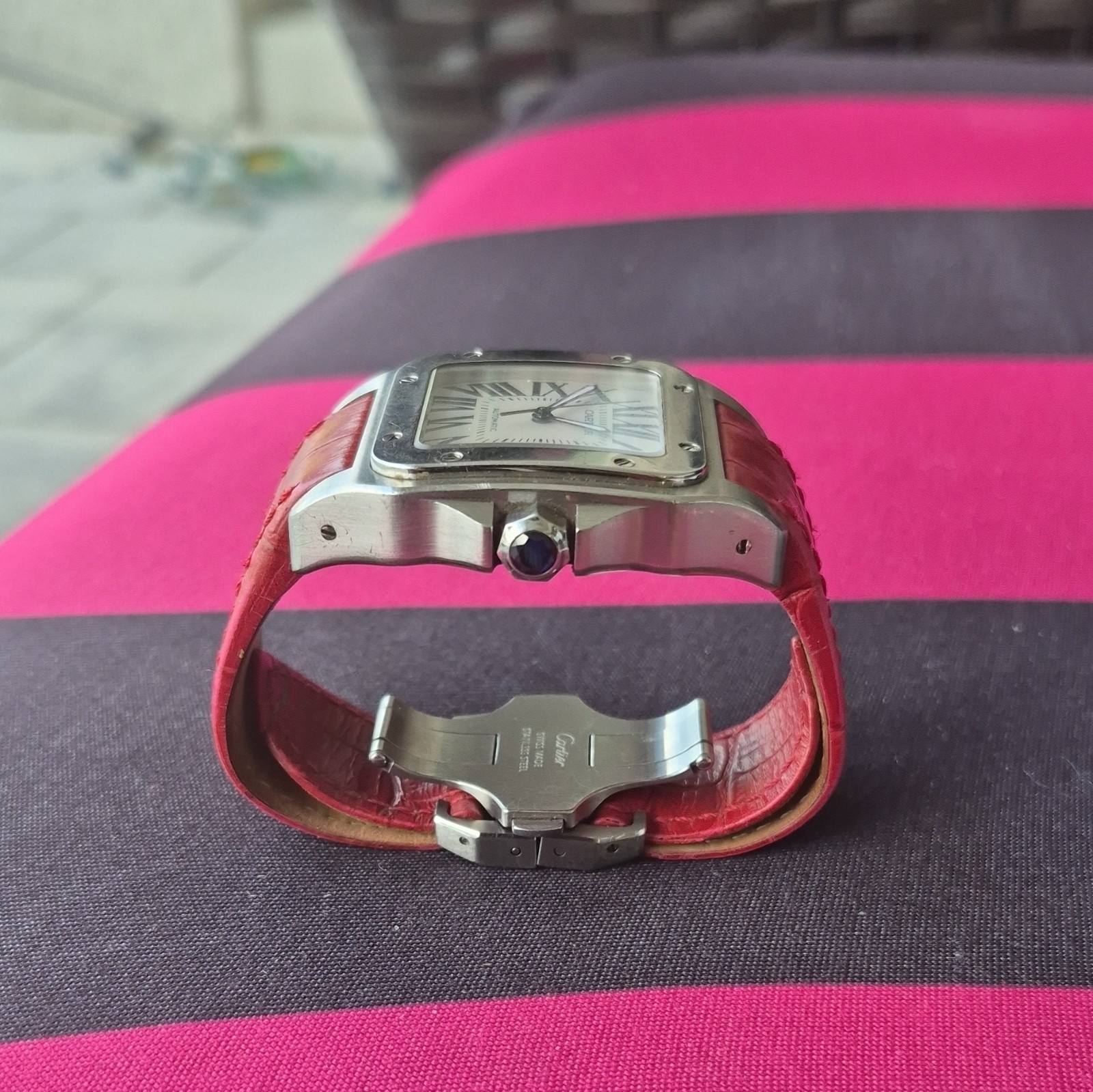 Cartier Santos Automatic Square Silver Watch White Roman Dial Red Strap