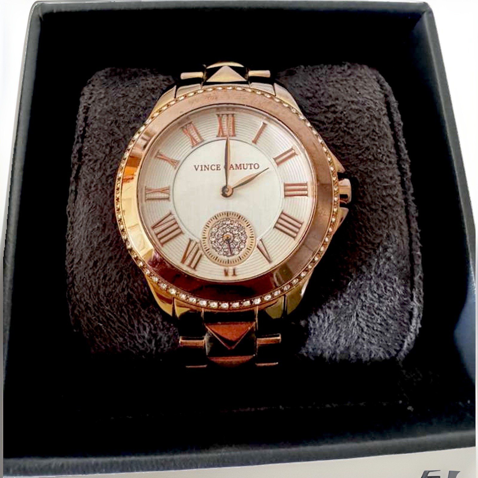 Vince Camuto VCW5048 Rose Gold Pyramid Stud Crystal Bezel Watch 38mm Women