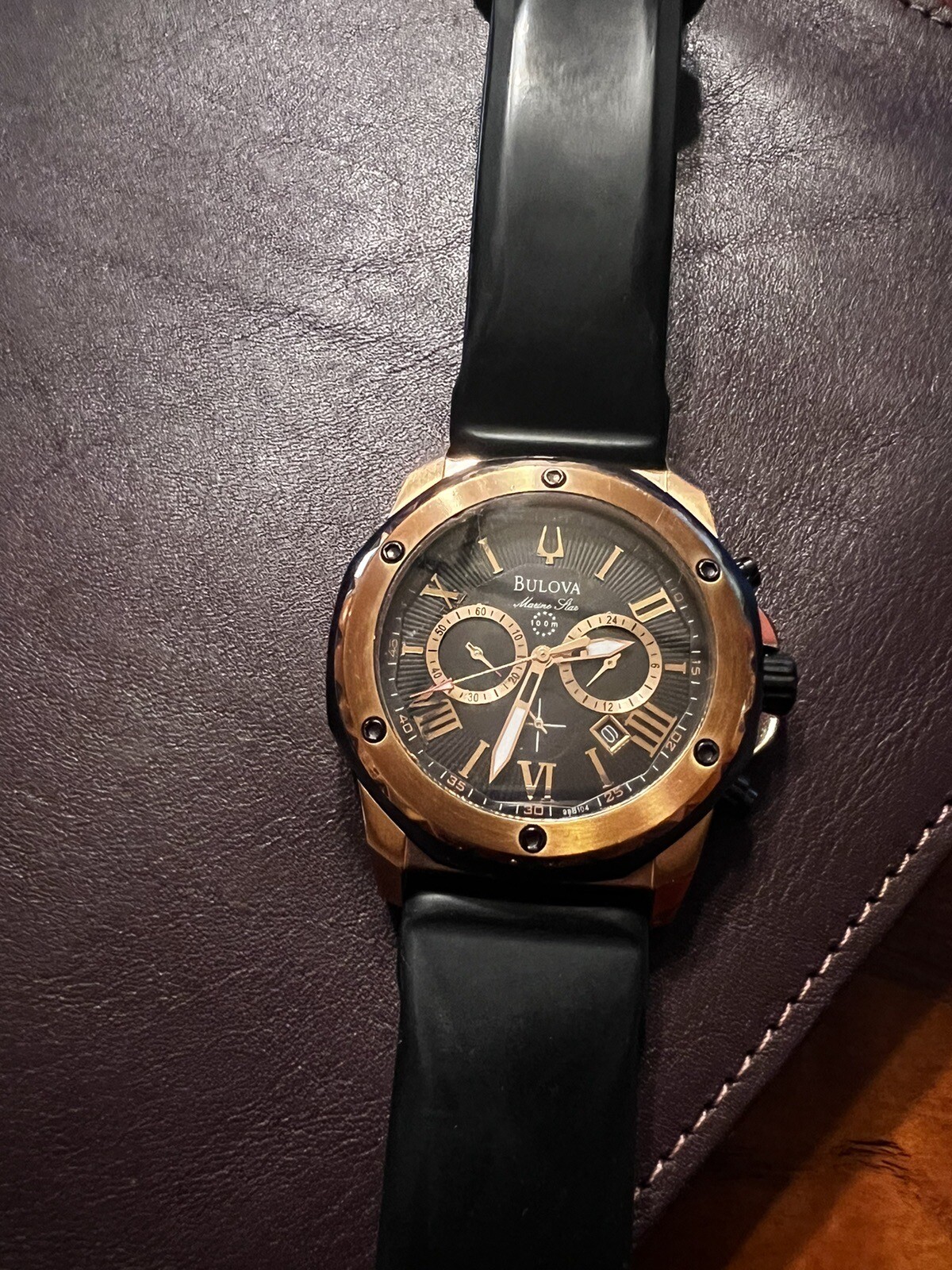 Bulova Marine Star Men’s Quartz Chronograph Black Rubber Strap Watch 44mm 98B104