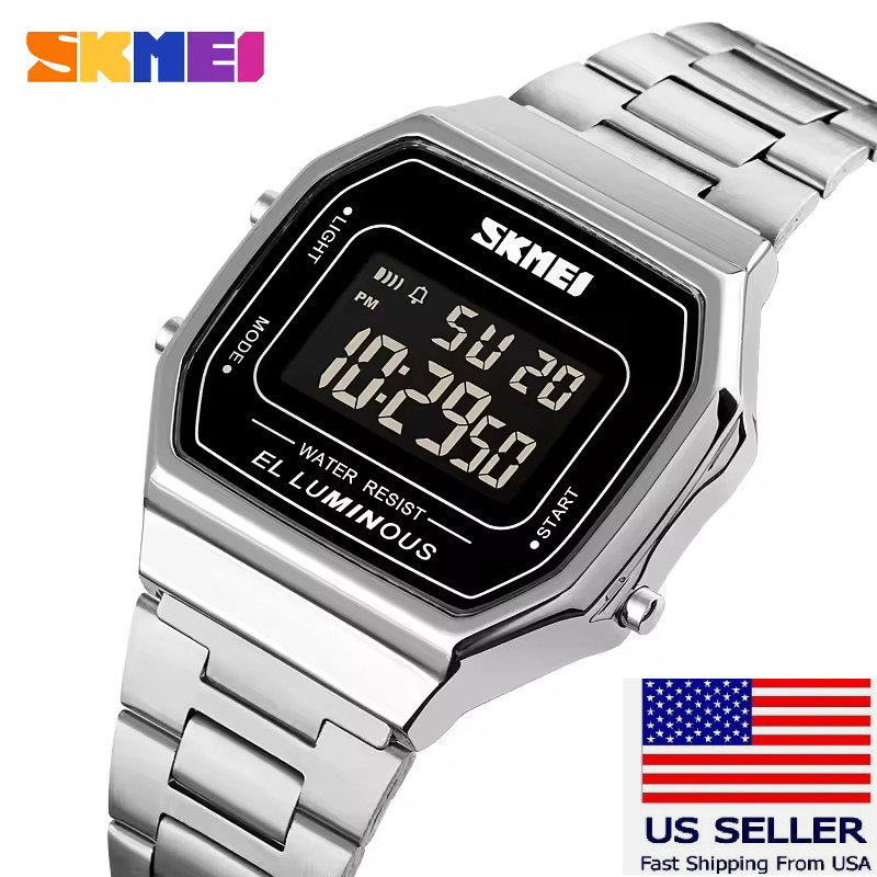 SKMEI 1647 Men Male LED Electronic Digital Watch Steel Strap Boys Wristwatch