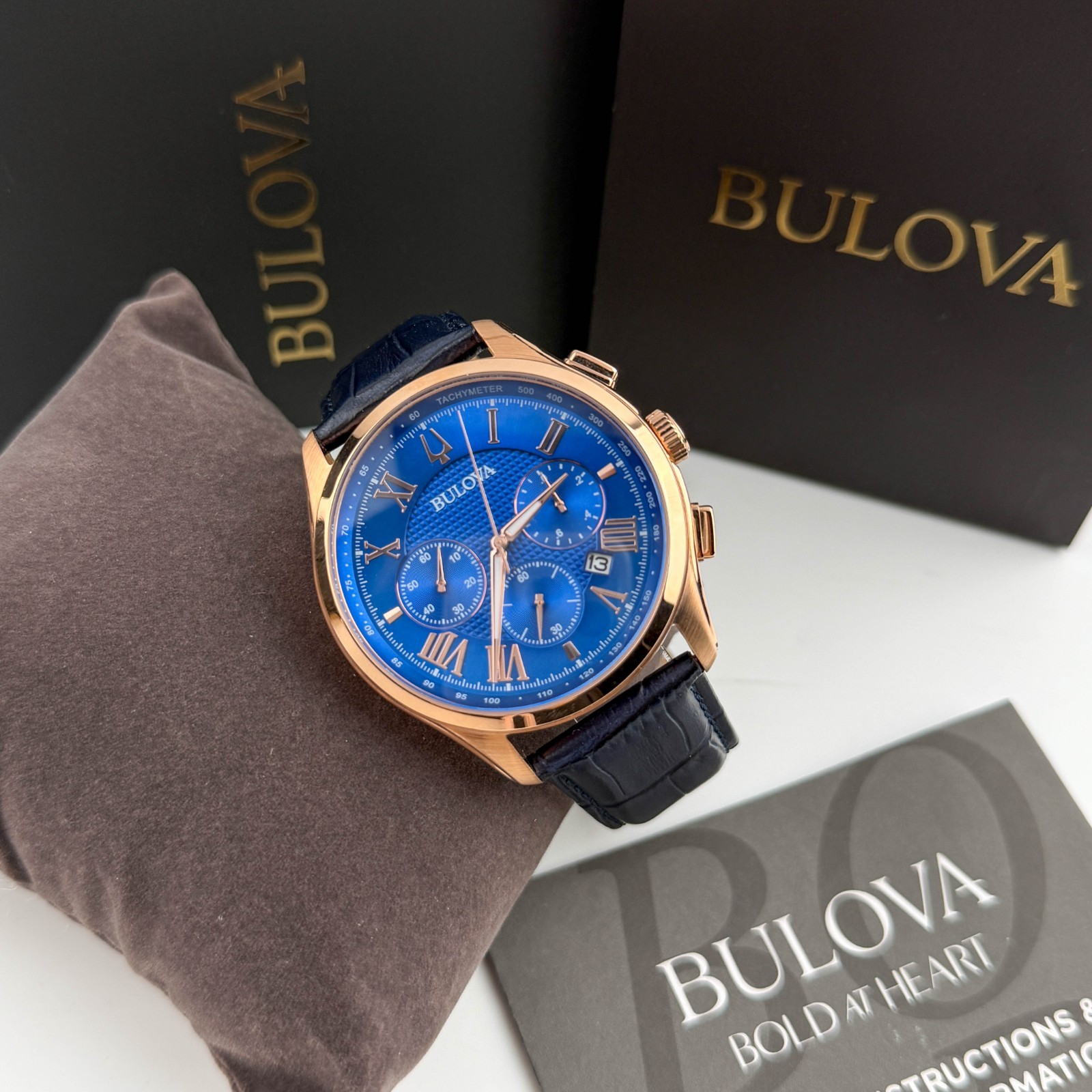 Bulova Classic 97B170 Wilton Blue Dial Chrono Leather Strap Men’s Watch 46mm