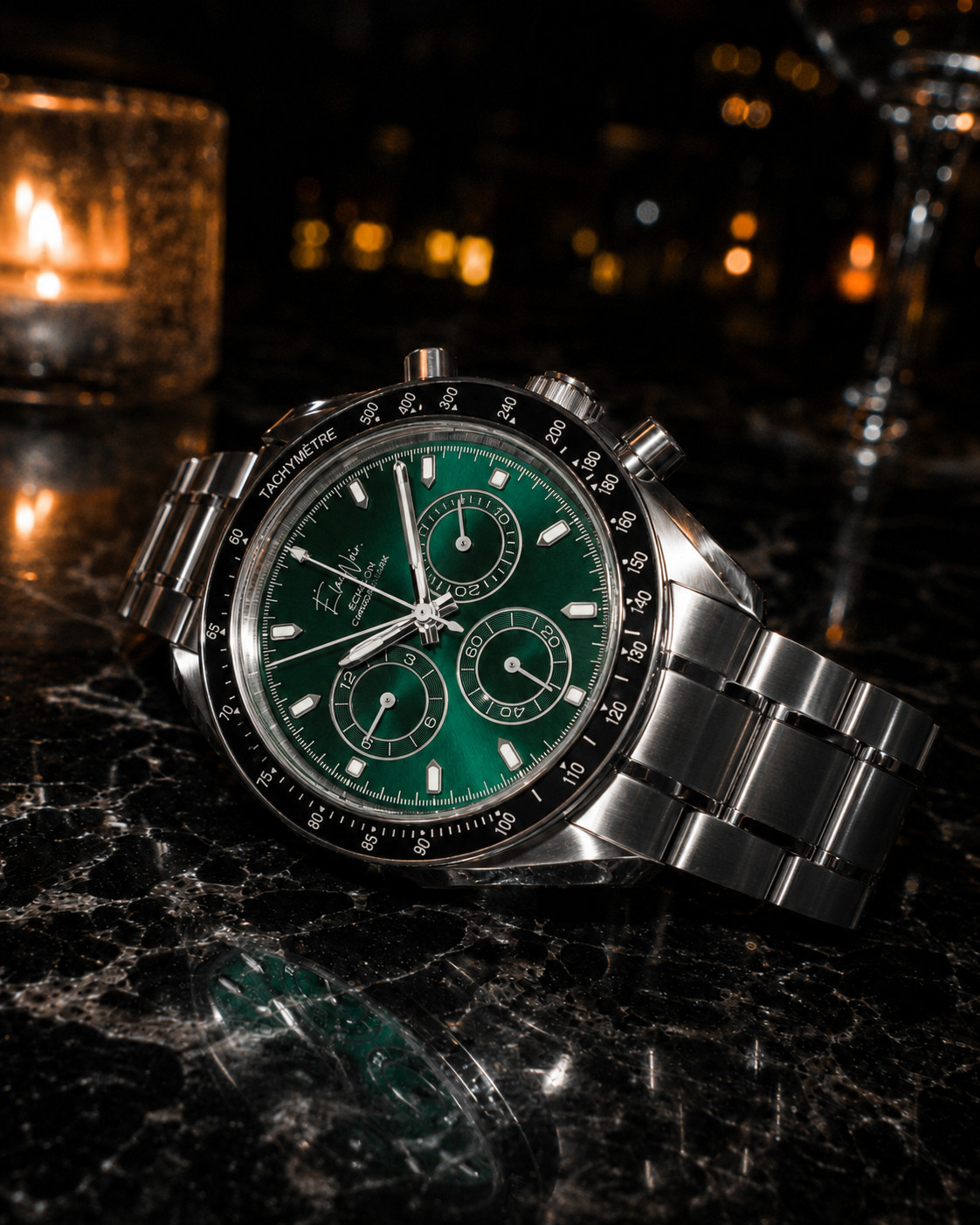 Élan Noir Chronograph Watch VK63 Emerald Green Sapphire Crystal Steel 40mm