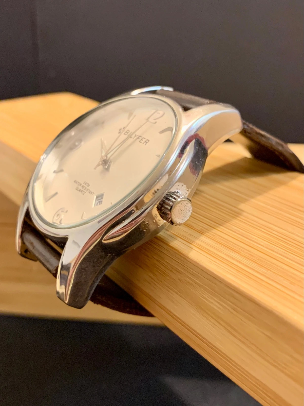 Bilyfer Classic 42mm Watch Silver Dial Brown Leather Strap