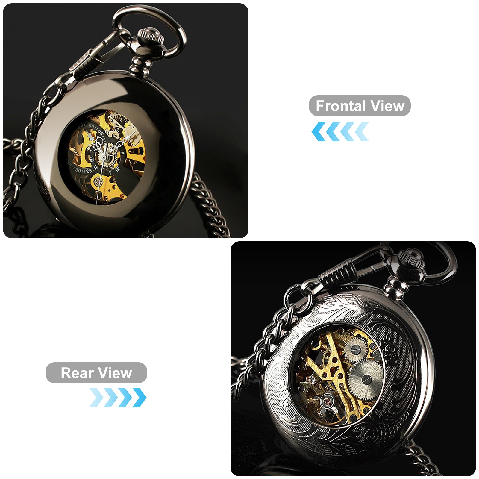 Mens Pocket Watch Mechanical Black Steampunk Skeleton Retro Chain Luxury Classic