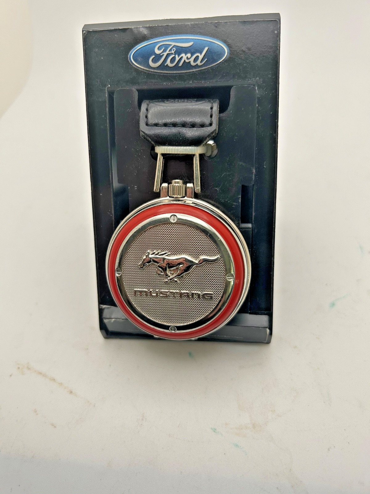 1970’s Ford Mustang 2″ Pocket Watch With Leather Key Fob – On Stand