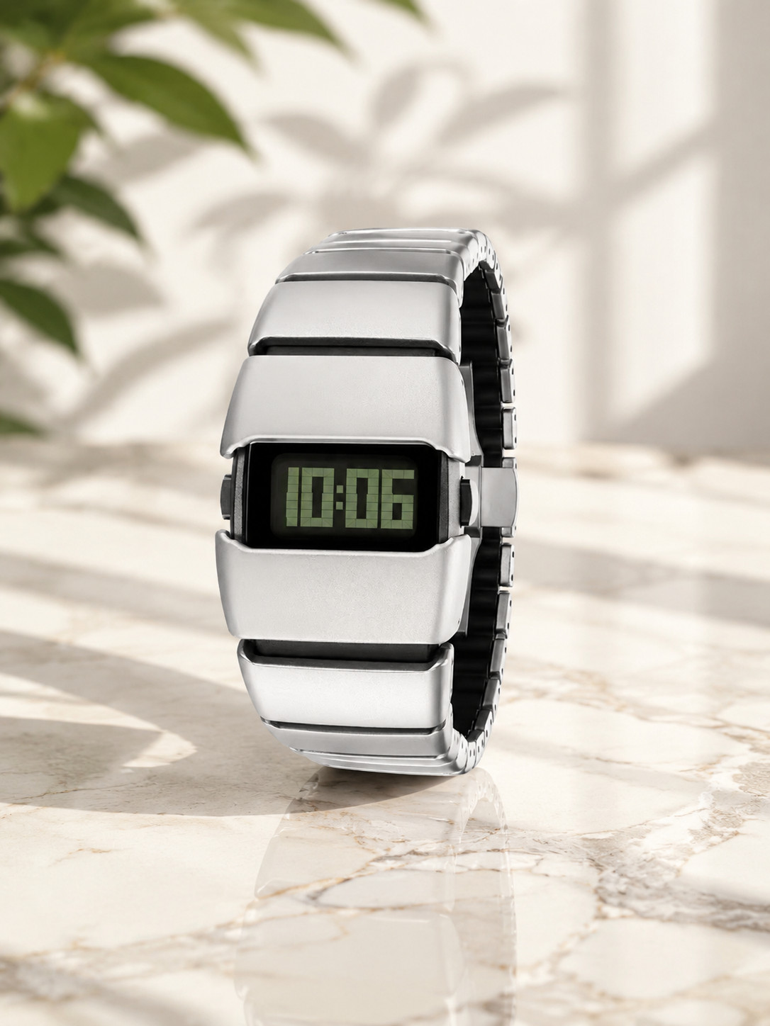 Sleek silver metal digital watch with retro futuristic style.