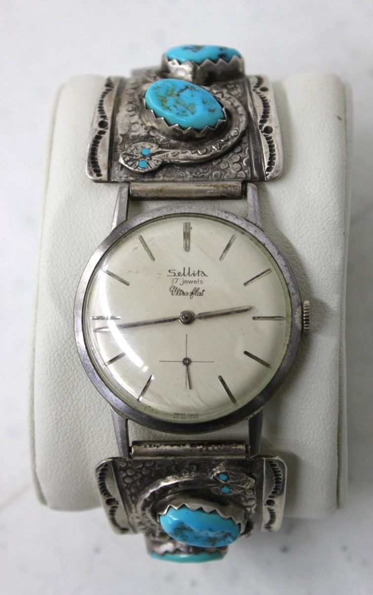 Vtg R. Nieto Zuni Sterling Turquoise Snakes Sellita 17 Jewel Mechanical Watch