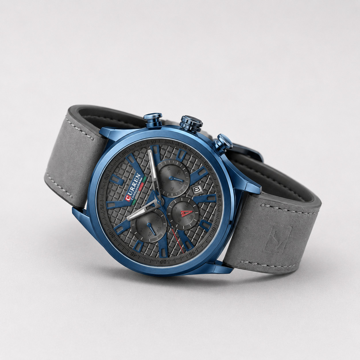 CURREN Mens Chronograph Watch Blue Gray Leather Strap Date 46mm Quartz