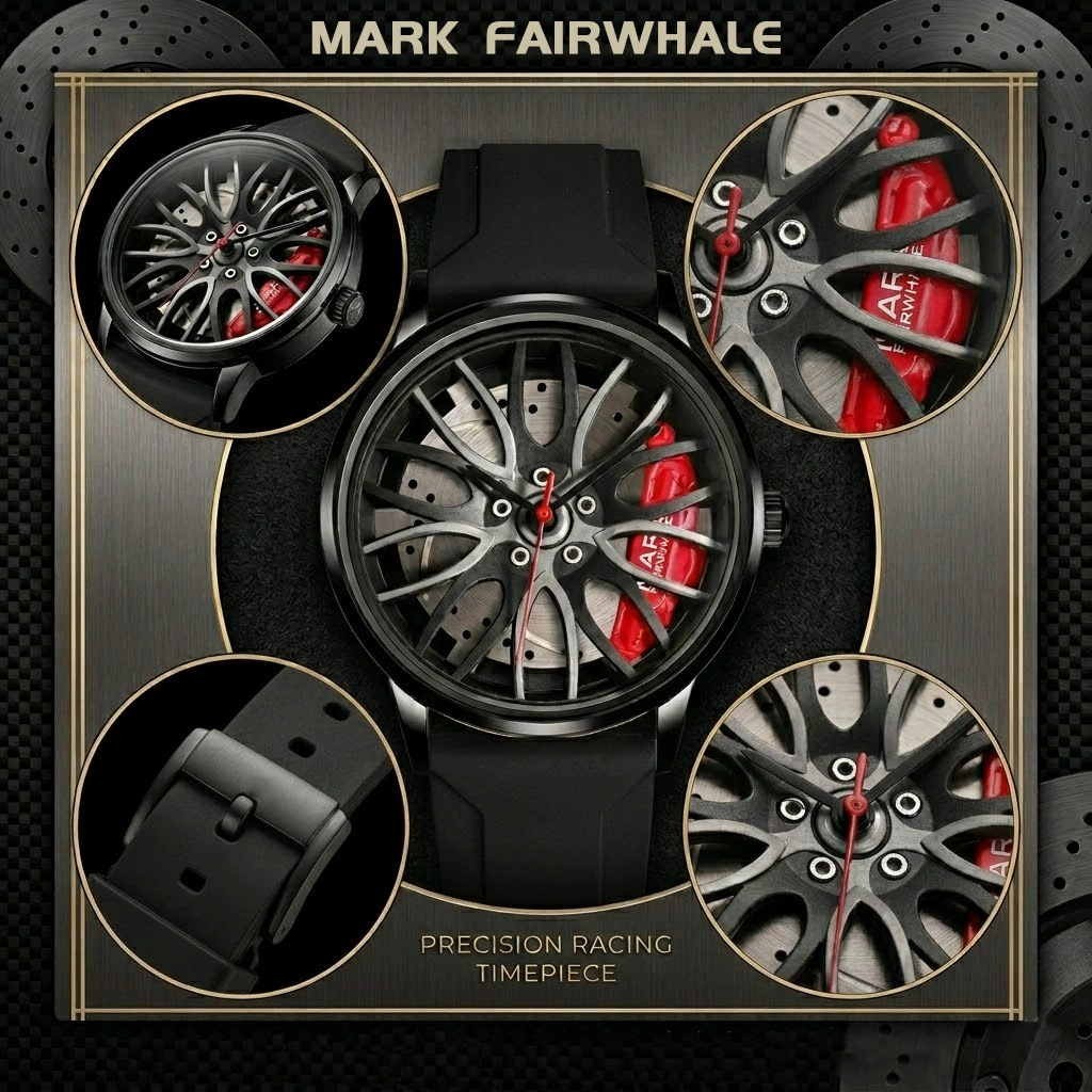 MARK FAIRWHALE 3D Wheel Rim Quartz Watch Mens Racing Brake Disc Caliper Silicone
