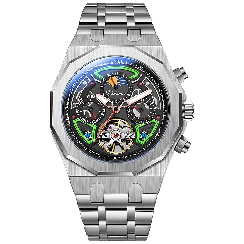 Men’s Tourbillon Mechanical Skeleton Watch Moon Phase Date Waterproof Automatic