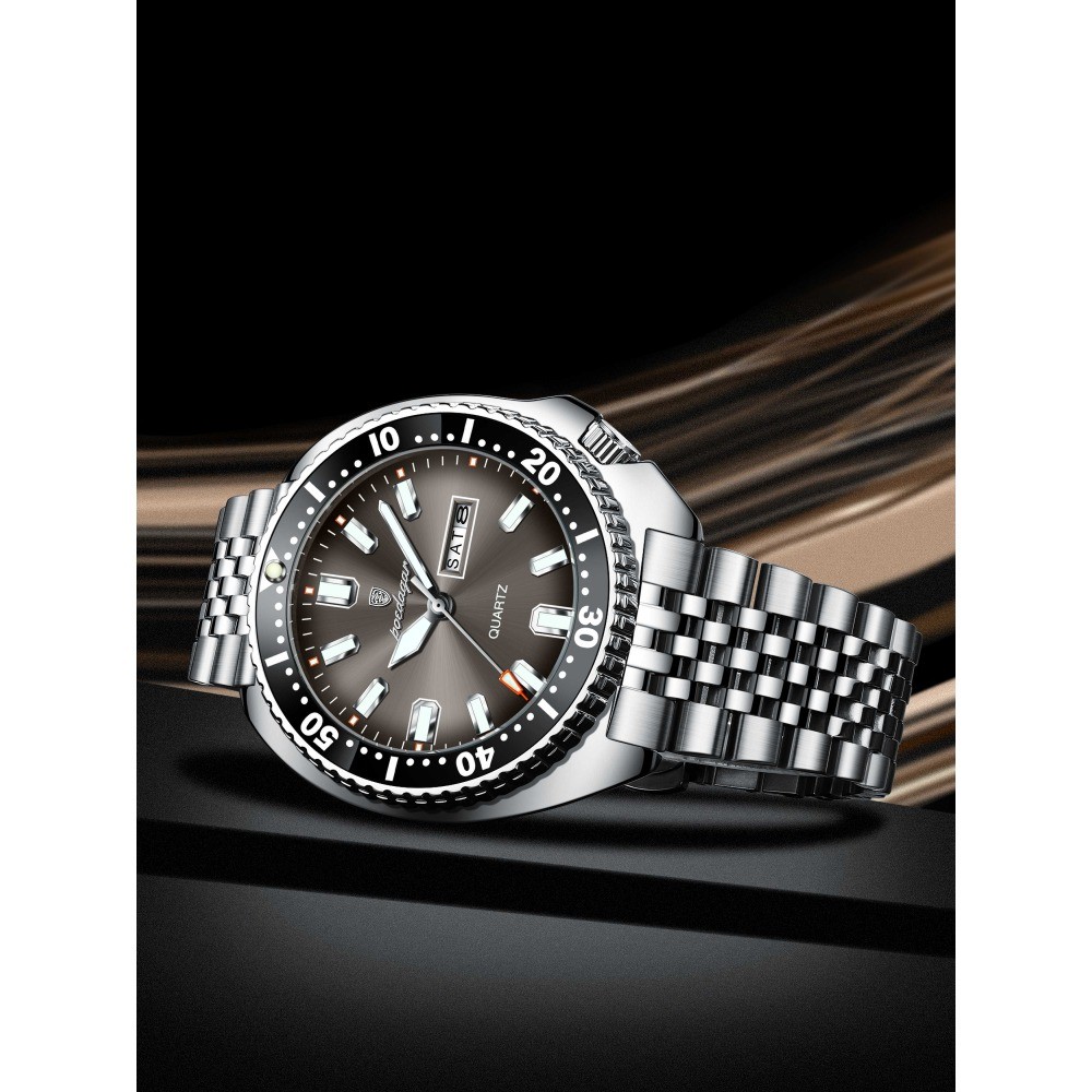 POEDAGAR Men Date Week Waterproof Luminous Casual Stainless Steel Quartz Watch