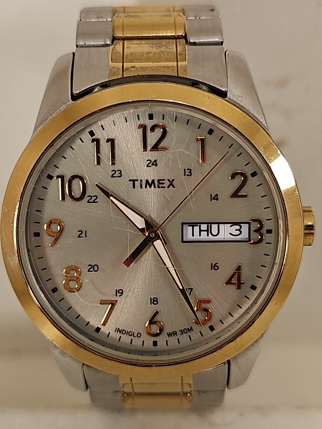Timex Indiglo Watch WR 30M CR 2016 Cell W/Day & Date SS Stretch Band