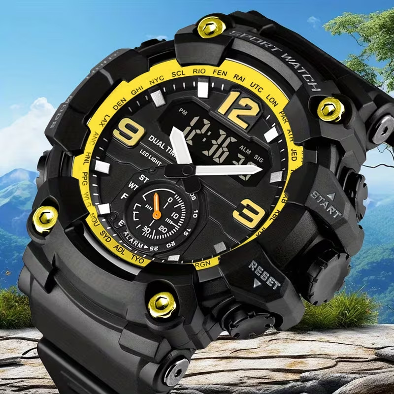 Men Sports Watch Digital Dual Display Stylish TPU Strap Golden