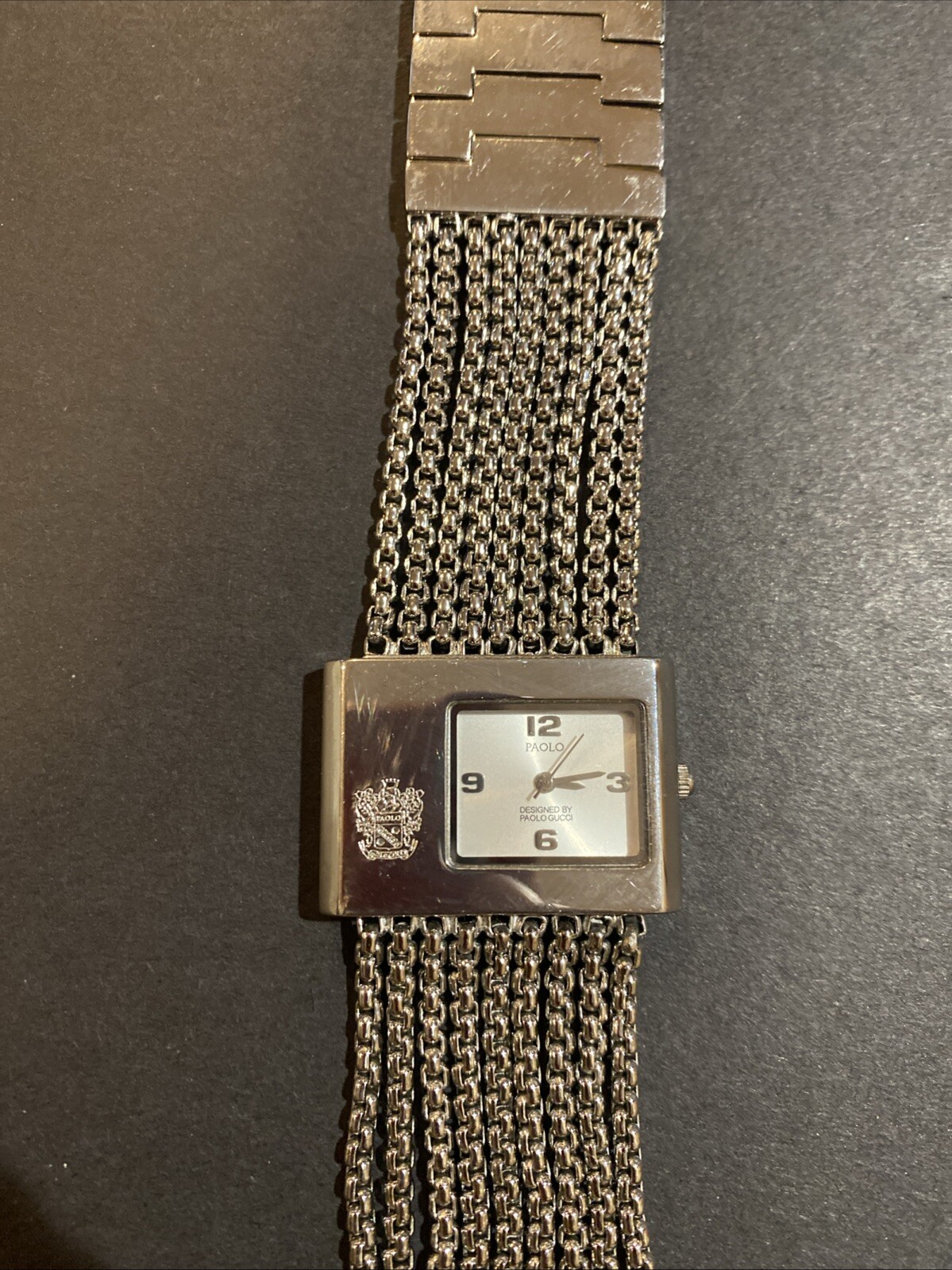 Designer Paolo Gucci Logo Silver Tone Multi Chain Bracelet Watch