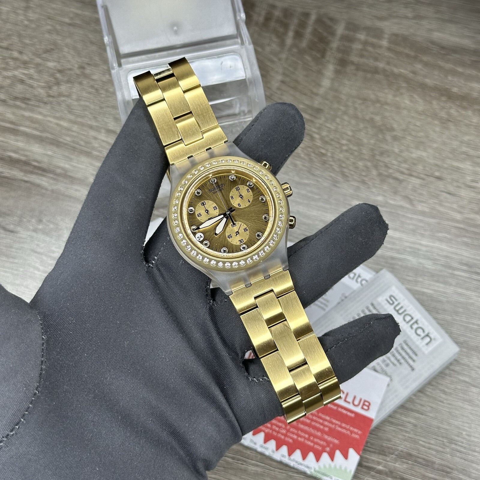 NEW✅ SWATCH IRONY FULL BLOODED GOLD CHRONO ALUMINUM 43MM WATCH SVCK4084