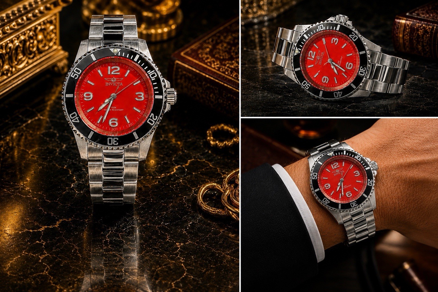 NEW Invicta Specialty Rowan Men’s Quartz Watch Red Dial SS Bracelet Black Bezel