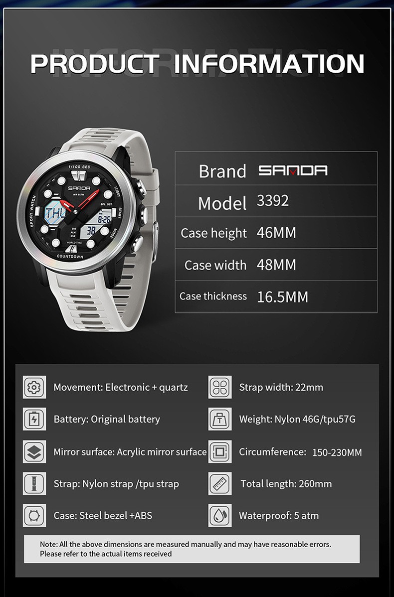 Dual display dial multifunctional sports style high waterproof quartz watch