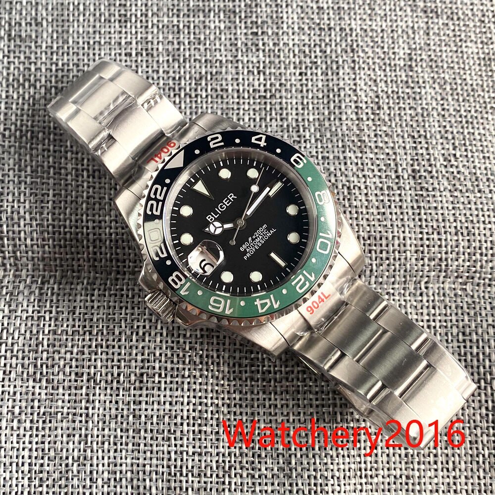 40mm Bliger Left Crown Black Dial Blue Red Green Bezel NH35A Automatic Men Watch