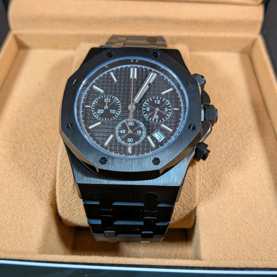 Moddy’s Custom Watches Black Octagon Chronograph Luxury Analog Metal Wristwatch